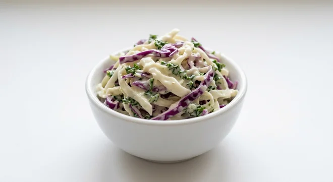Dave's Hot Chicken US Kale Slaw, creamy white and purple cabbage slaw with chopped kale in a white bowl, nutrition and calories