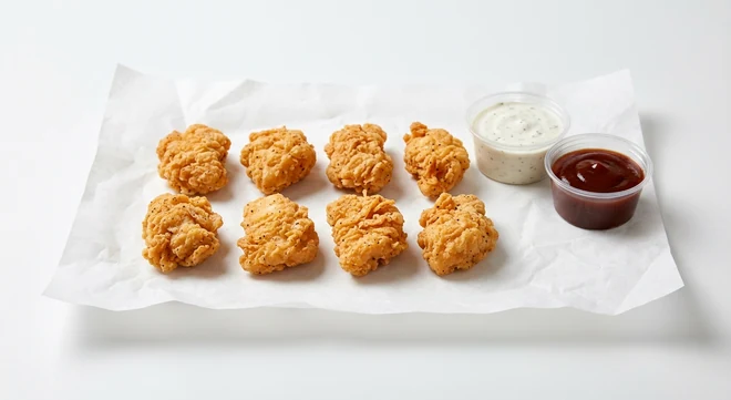 Slim Chickens 8 Boneless Bites, eight hand-breaded boneless fried chicken bites with House Ranch and Honey BBQ dips on white paper, nutrition and calories