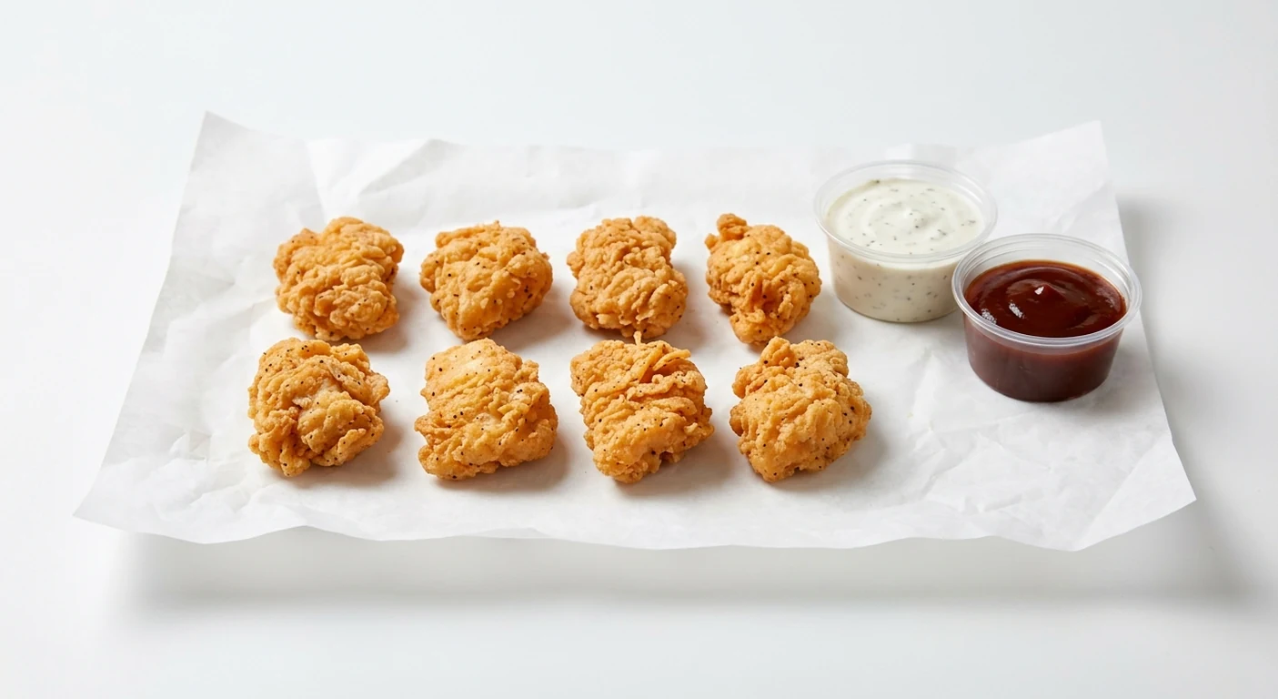 Slim Chickens 8 Boneless Bites, eight hand-breaded boneless fried chicken bites with House Ranch and Honey BBQ dips on white paper, nutrition and calories