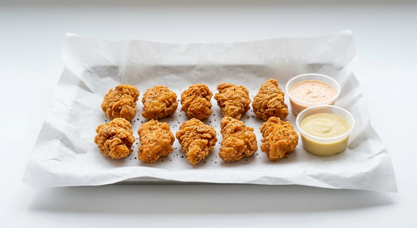 Slim Chickens 10 Boneless Bites, ten hand-breaded boneless fried chicken bites with Cayenne Ranch and Honey Mustard dips on white paper, nutrition and calories