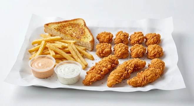 Slim Chickens The Boneless Fix, eight boneless chicken bites and three hand-breaded tenders with seasoned fries, Texas Toast, Slims Sauce and House Ranch dips on white paper, nutrition and calories