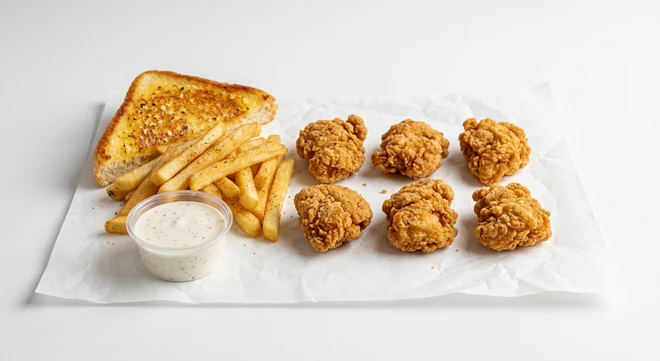 Slim Chickens 6 Boneless Bites Meal, six hand-breaded boneless chicken bites with seasoned fries, Texas Toast and a House Ranch dip on white paper, nutrition and calories