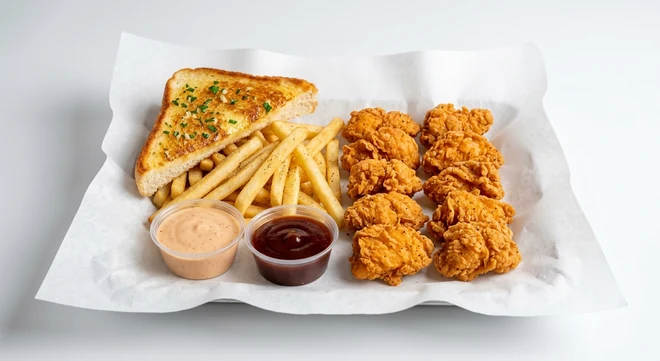 Slim Chickens 10 Boneless Bites Meal, ten hand-breaded boneless chicken bites with seasoned fries, Texas Toast, Slims Sauce and Honey BBQ dips on white paper, nutrition and calories