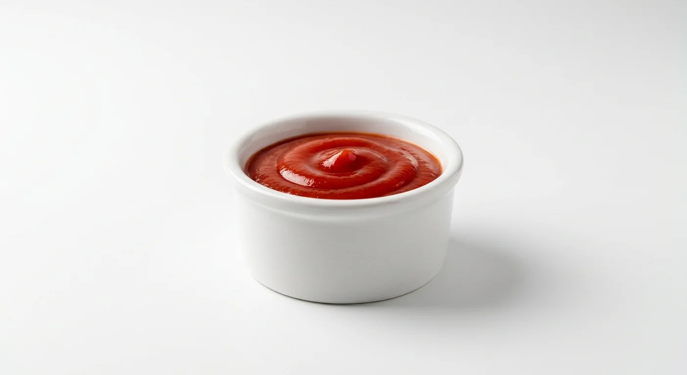 Dave's Hot Chicken Ketchup Sachet, tomato ketchup in a white ramekin, nutrition and calories