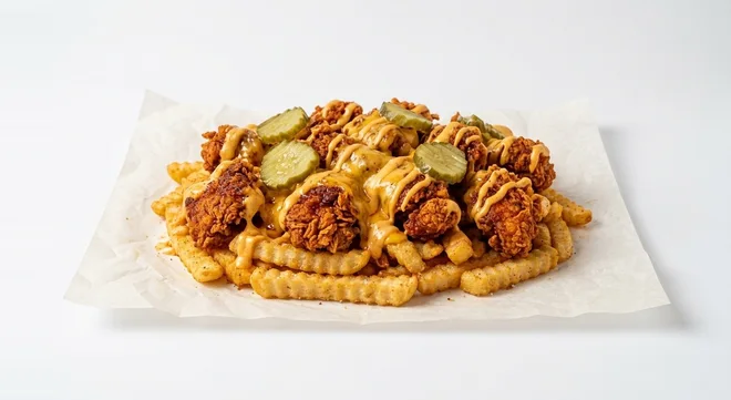 Dave's Hot Chicken US Top-Loaded Fries (Large), a large portion of crinkle-cut fries topped with spiced chicken bites, cheese sauce, Dave's sauce and pickles on white paper, nutrition and calories