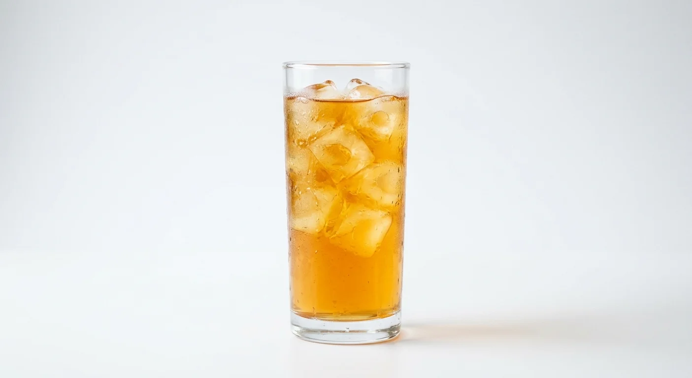 Dave's Hot Chicken Lipton Peach Iced Tea, peach iced tea over ice in a tall clear glass, nutrition and calories