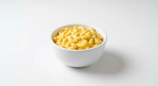 Dave's Hot Chicken US Mac & Cheese, elbow macaroni in creamy yellow cheese sauce in a white bowl, nutrition and calories