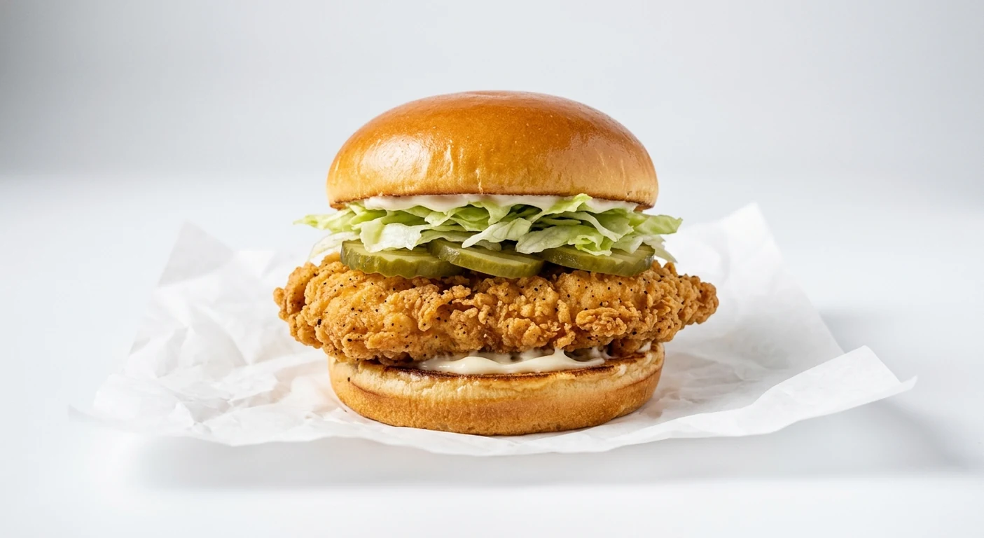 Slim Chickens Classic Chicken Sandwich, buttermilk fried chicken breast with pickles, lettuce and mayo in a brioche bun on white paper, nutrition and calories