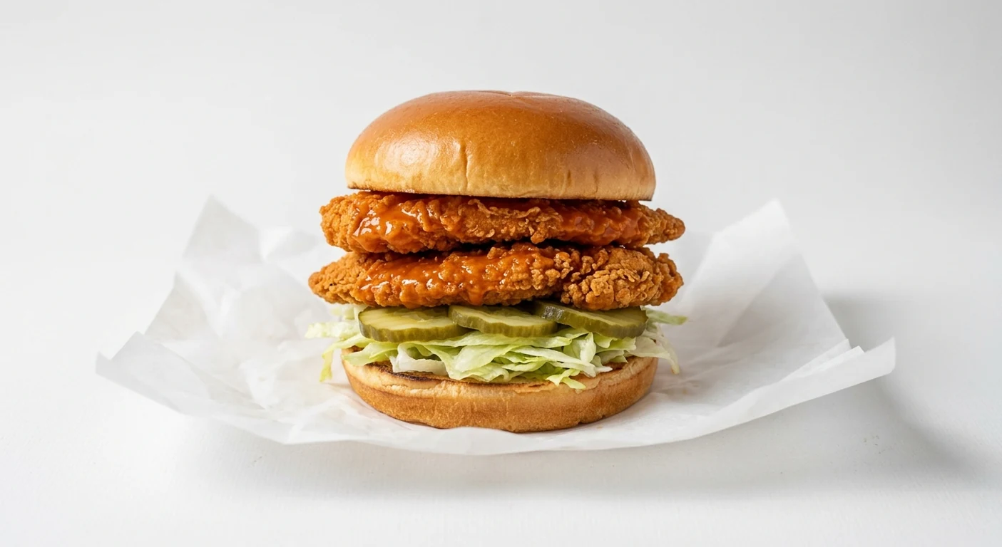 Slim Chickens Plant Based Buffalo Sandwich, breaded plant-based tenders tossed in buffalo hot sauce with pickles and lettuce in a brioche bun on white paper, nutrition and calories