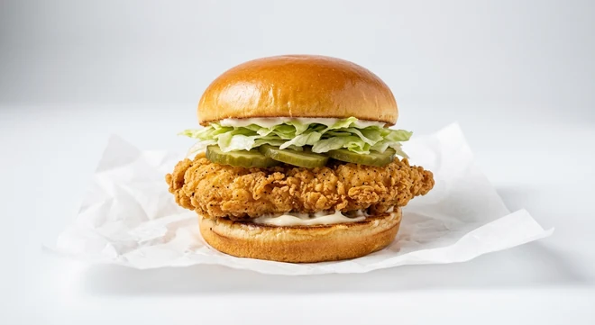 Slim Chickens Classic Chicken Sandwich, buttermilk fried chicken breast with pickles, lettuce and mayo in a brioche bun on white paper, nutrition and calories