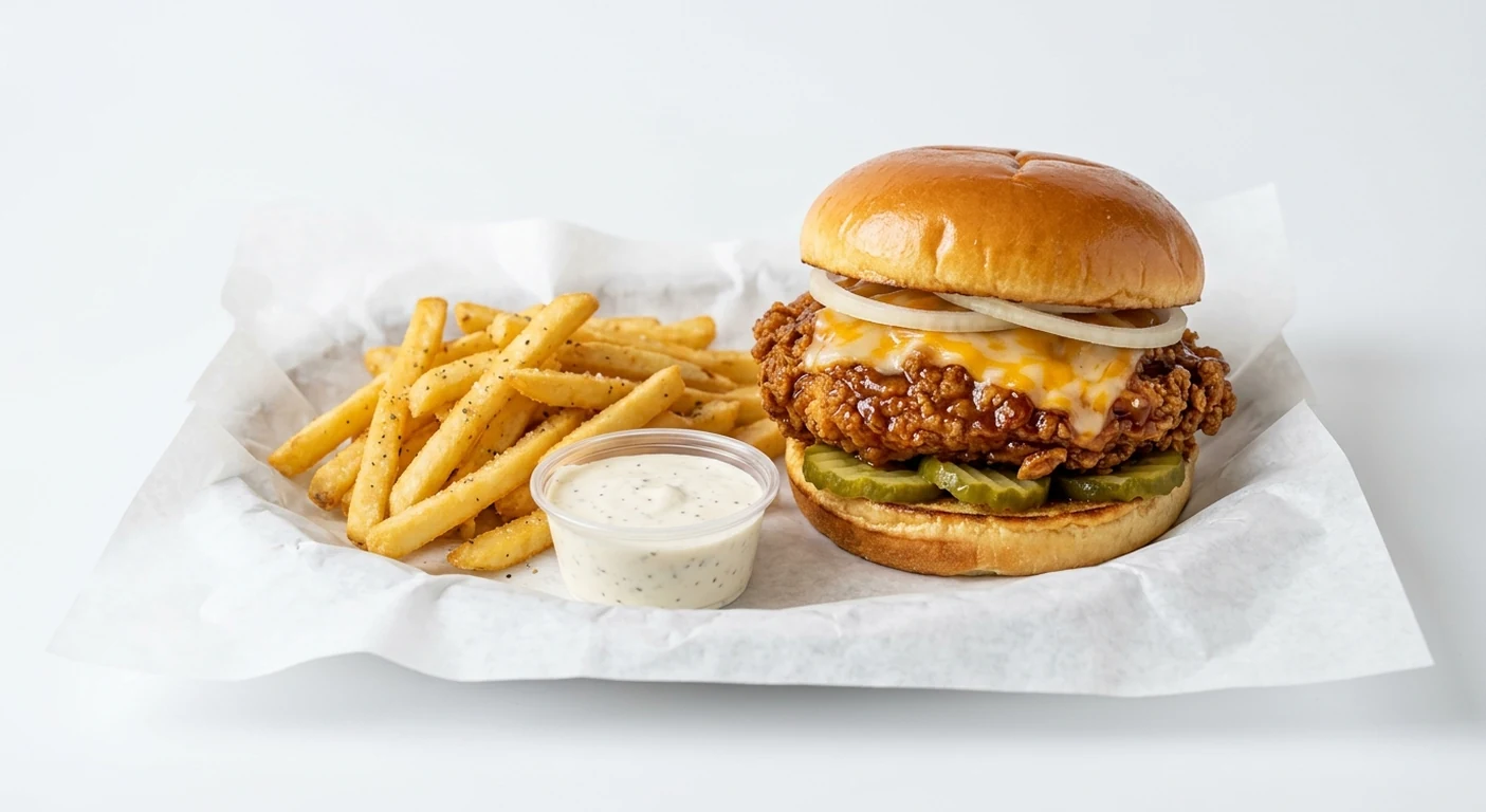 Slim Chickens Honey BBQ Chicken Sandwich Meal, honey barbecue glazed chicken sandwich with melted cheese, seasoned fries and a House Ranch dip on white paper, nutrition and calories