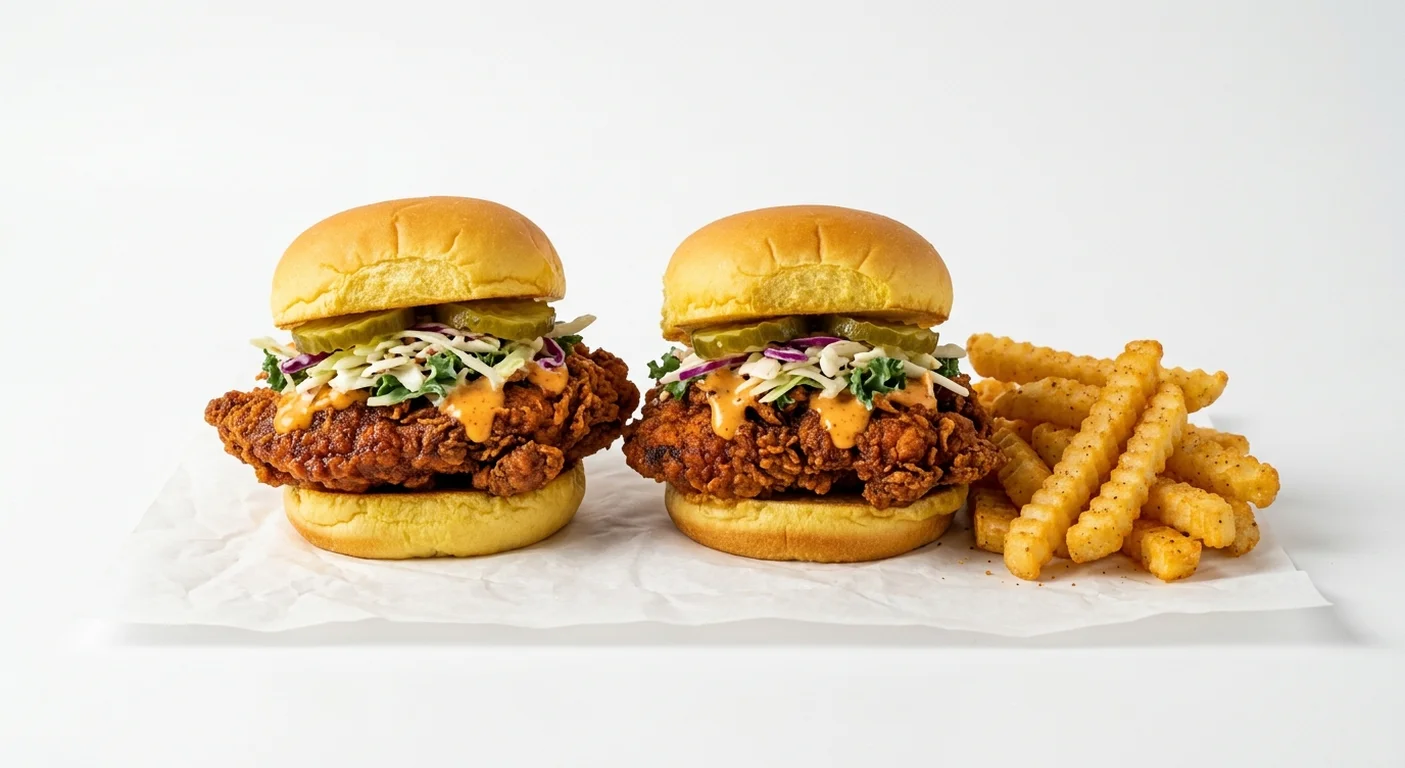 Dave's Hot Chicken #2 Meal, two medium-spiced hot chicken sliders with crinkle-cut fries on white paper, nutrition and calories