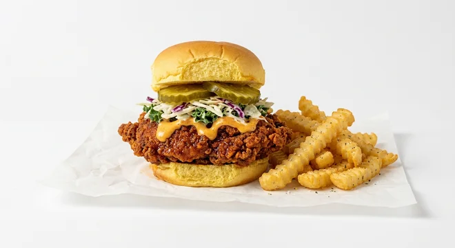 Dave's Hot Chicken US #4 (1 Slider & Fries), a spiced hot chicken slider with crinkle-cut fries on white paper, nutrition and calories