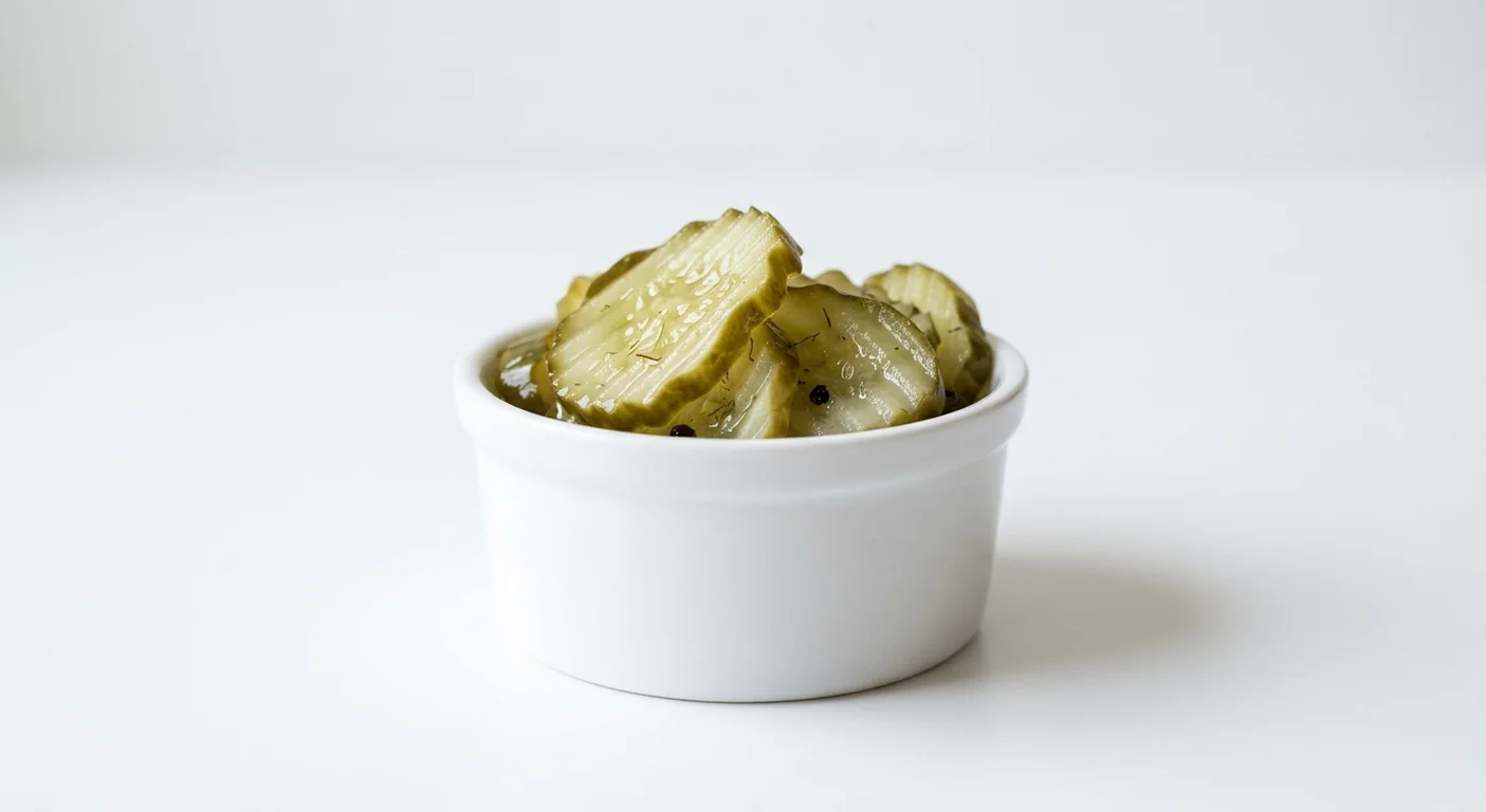 Dave's Hot Chicken Pickles, crinkle-cut dill pickle slices in a white ramekin, nutrition and calories