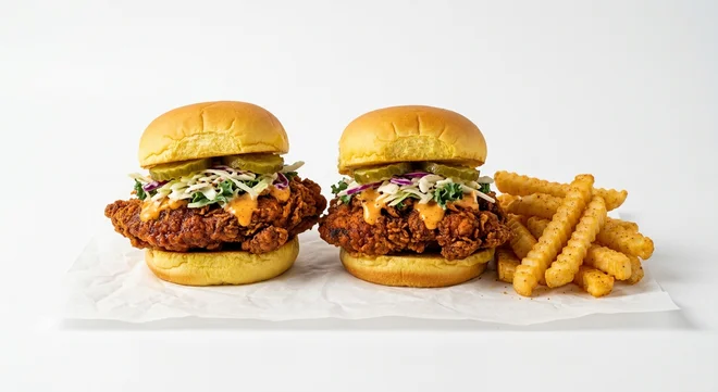 Dave's Hot Chicken US #2 (2 Sliders & Fries), two spiced hot chicken sliders with crinkle-cut fries on white paper, nutrition and calories