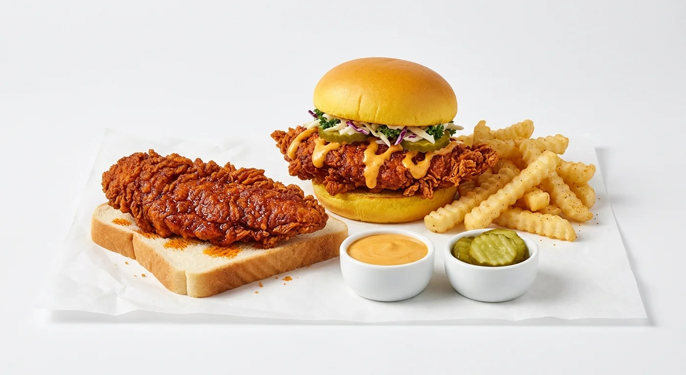 Dave's Hot Chicken #3 Meal, a medium-spiced hot chicken tender on white bread and a slider with crinkle-cut fries, Dave's sauce and pickles on white paper, nutrition and calories