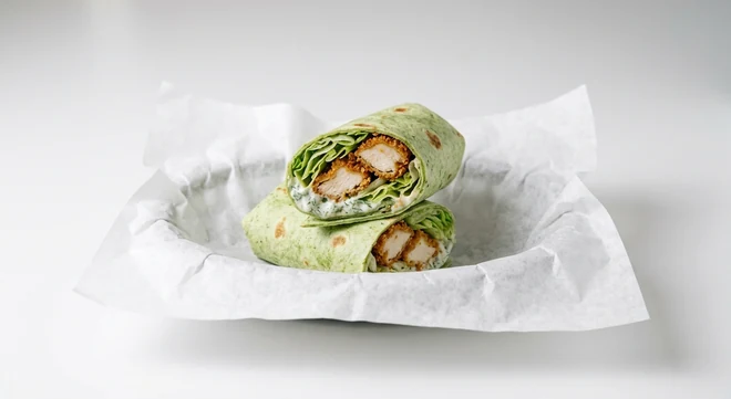 Slim Chickens Slim's Wrap, buttermilk chicken tenders with lettuce and house ranch sauce in a spinach wrap on white paper, nutrition and calories