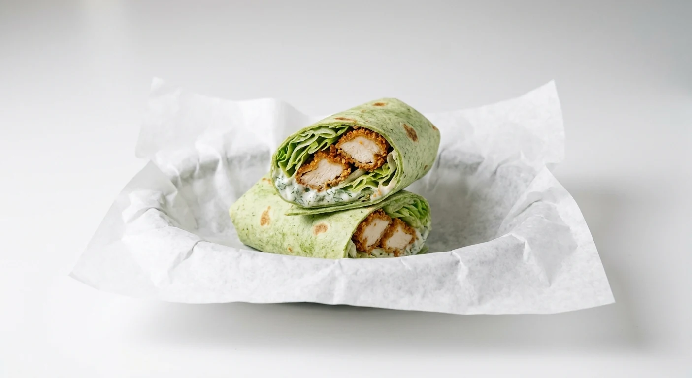 Slim Chickens Slim's Wrap, buttermilk chicken tenders with lettuce and house ranch sauce in a spinach wrap on white paper, nutrition and calories
