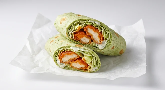 Slim Chickens Buffalo Wrap, chicken tenders shaken in buffalo sauce with lettuce and house ranch sauce in a spinach wrap on white paper, nutrition and calories