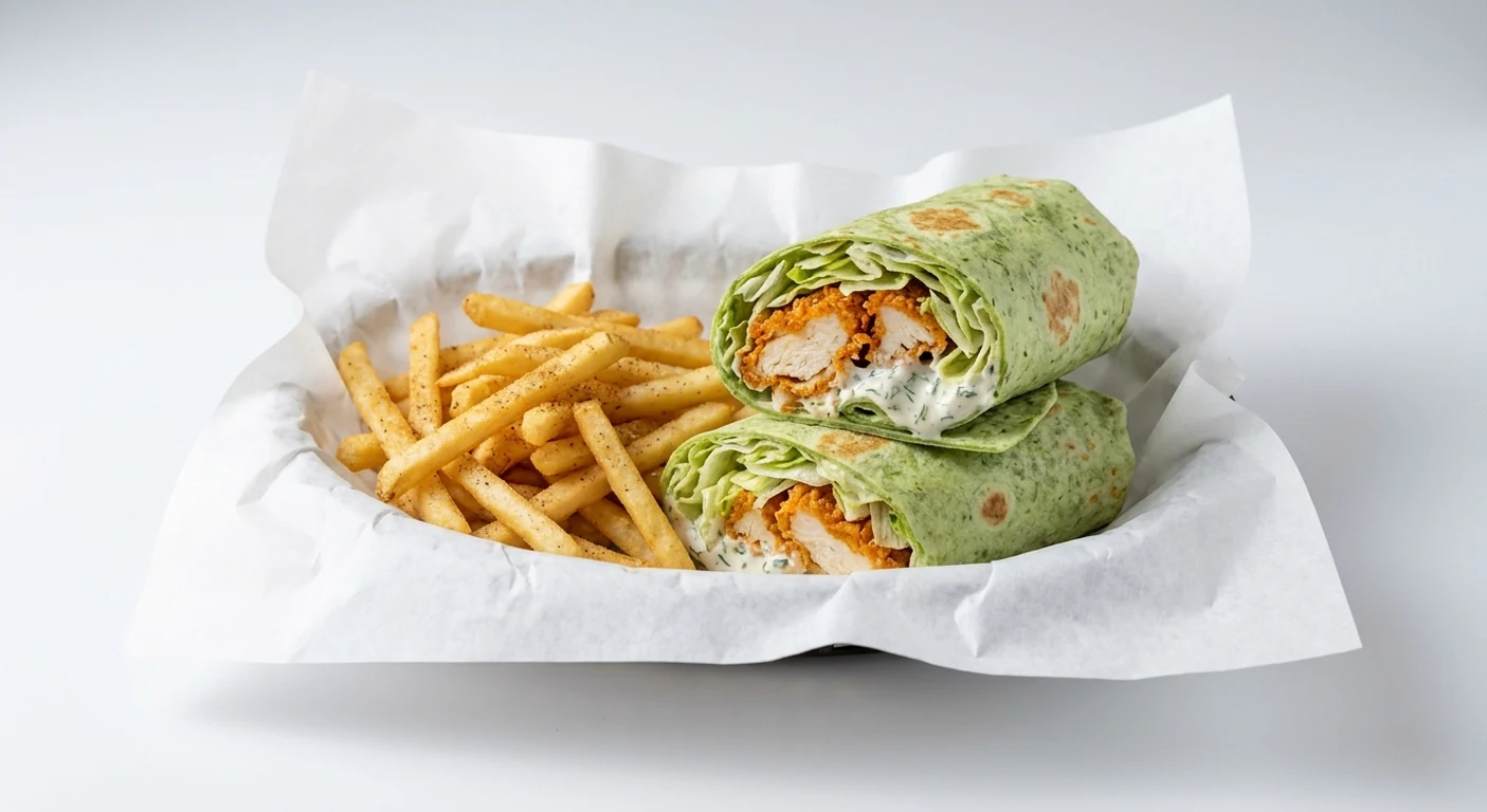 Slim Chickens Slim's Wrap Meal, buttermilk chicken spinach wrap with lettuce and house ranch sauce and seasoned fries on white paper, nutrition and calories