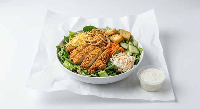 Slim Chickens Slim's Salad, sliced buttermilk chicken tenders on mixed leaves with Monterey Jack, crispy onions, croutons, carrot, cucumber and coleslaw with a ranch dressing, nutrition and calories