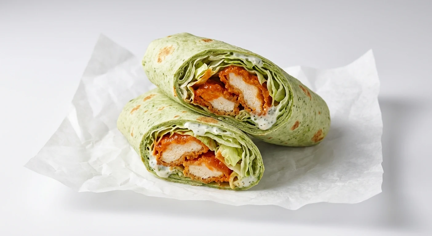 Slim Chickens Buffalo Wrap, chicken tenders shaken in buffalo sauce with lettuce and house ranch sauce in a spinach wrap on white paper, nutrition and calories