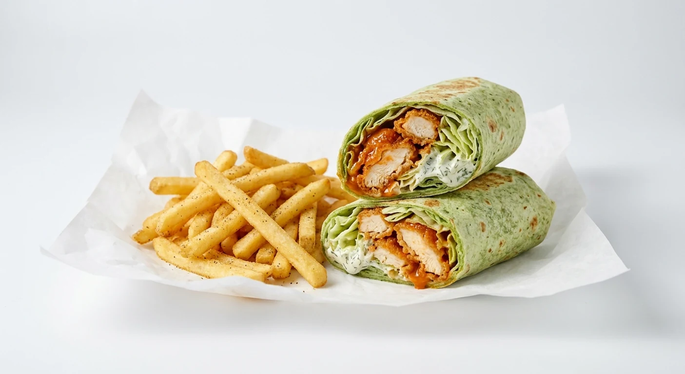Slim Chickens Buffalo Wrap Meal, buffalo chicken spinach wrap with lettuce and house ranch sauce and seasoned fries on white paper, nutrition and calories