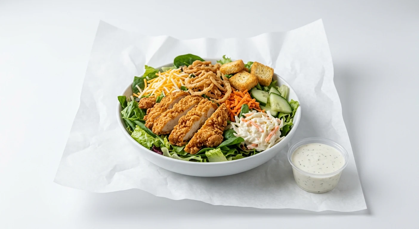 Slim Chickens Slim's Salad, sliced buttermilk chicken tenders on mixed leaves with Monterey Jack, crispy onions, croutons, carrot, cucumber and coleslaw with a ranch dressing, nutrition and calories