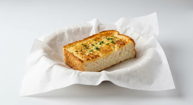 Slim Chickens Texas Toast, a thick slice of griddled buttery garlic toast on white paper, nutrition and calories