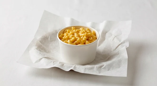 Slim Chickens Mac & Cheese, creamy macaroni in a golden cheese sauce in a white pot on white paper, nutrition and calories
