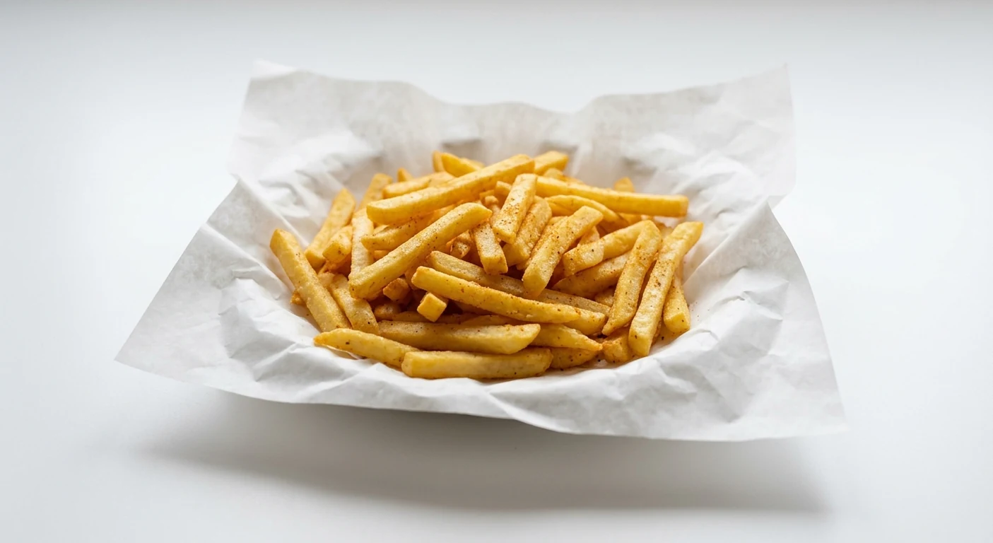 Slim Chickens Regular Seasoned Fries, a regular portion of golden seasoned straight-cut fries on white paper, nutrition and calories