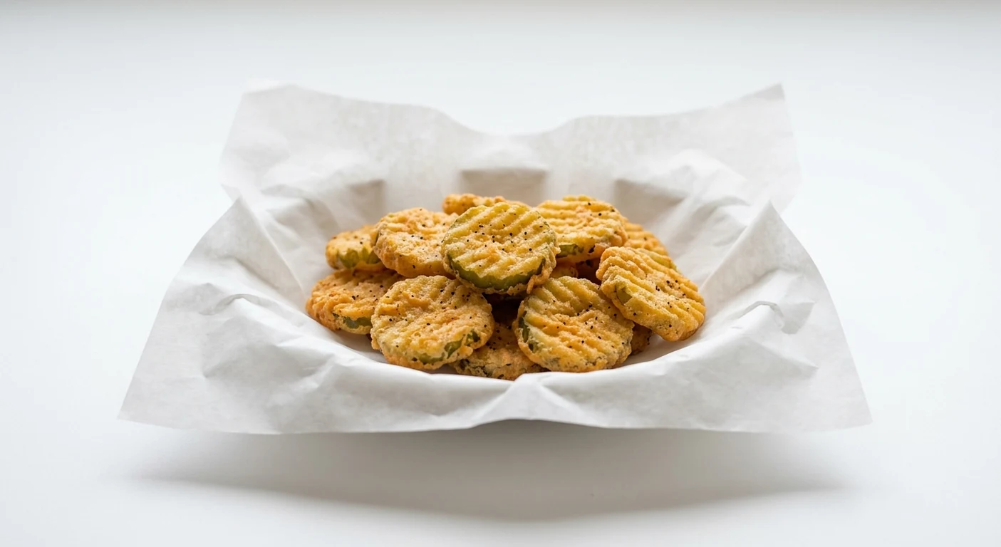 Slim Chickens Fried Pickles, crispy breaded crinkle-cut dill pickle slices on white paper, nutrition and calories