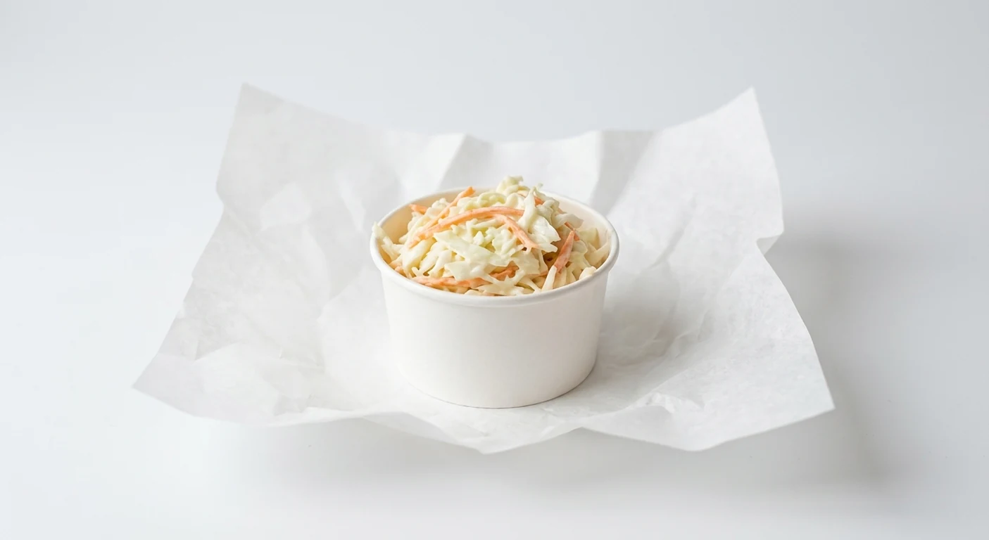 Slim Chickens Coleslaw, creamy shredded cabbage and carrot coleslaw in a white pot on white paper, nutrition and calories