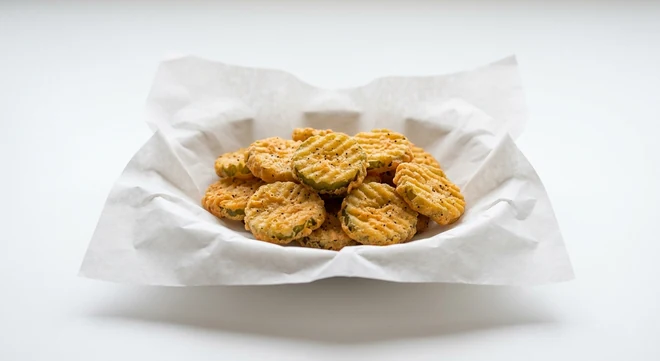 Slim Chickens Fried Pickles, crispy breaded crinkle-cut dill pickle slices on white paper, nutrition and calories