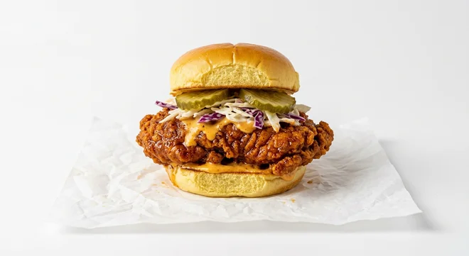 Dave's Hot Chicken US Single Slider, a spiced hot chicken slider with Dave's sauce, slaw and pickles on white paper, nutrition and calories