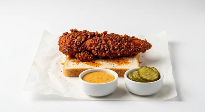 Dave's Hot Chicken US Single Tender, a spiced hot chicken tender on white bread with Dave's sauce and pickles on white paper, nutrition and calories