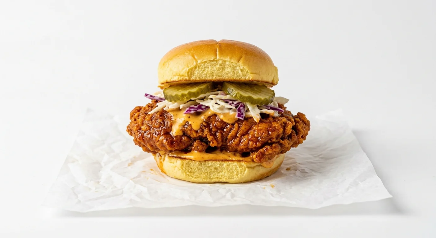 Dave's Hot Chicken Single Slider, a medium-spiced hot chicken slider with Dave's sauce, slaw and pickles on white paper, nutrition and calories