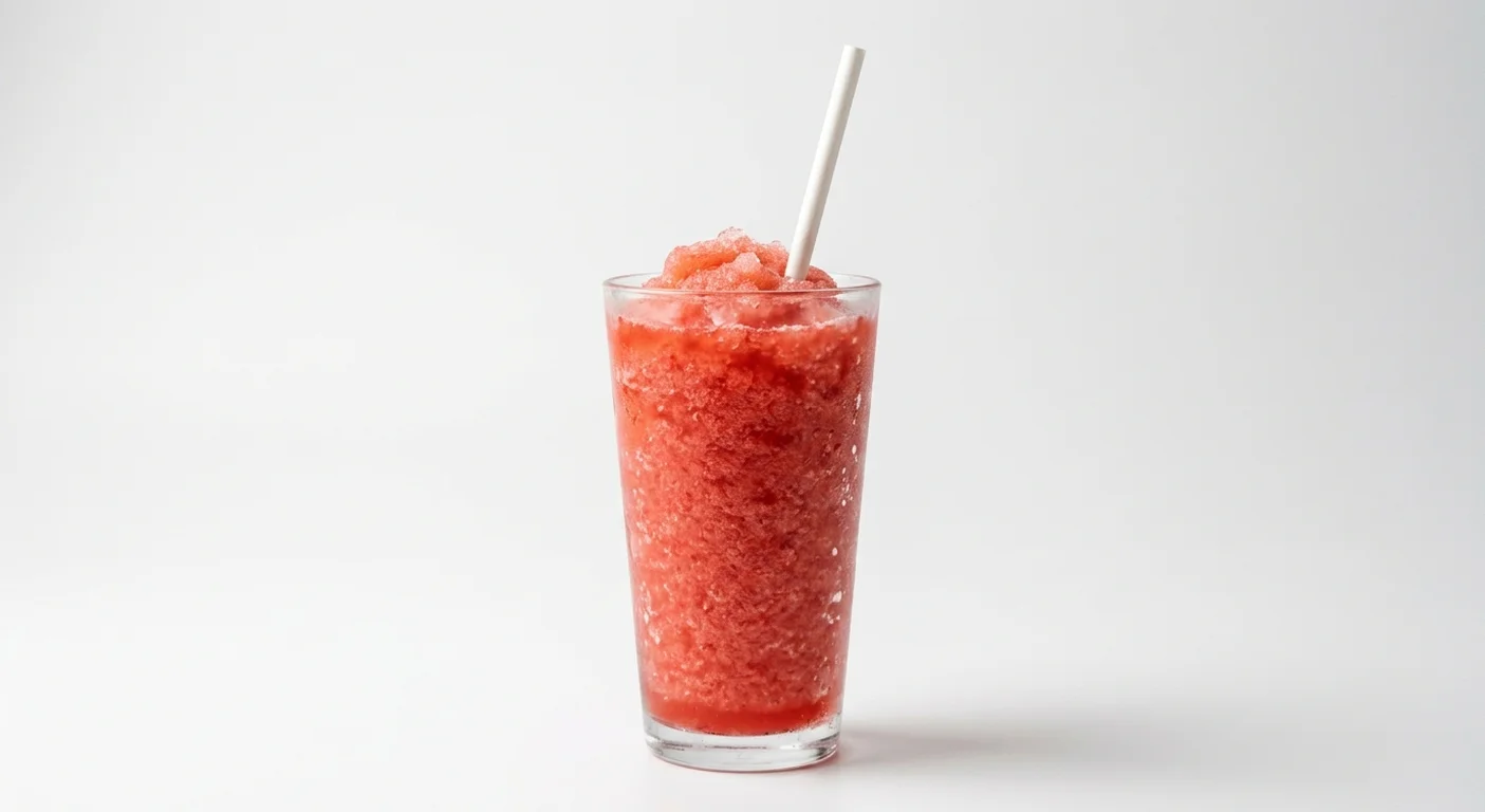 Dave's Hot Chicken Strawberry Drift Slusher, strawberry frozen slush in a tall clear glass, nutrition and calories