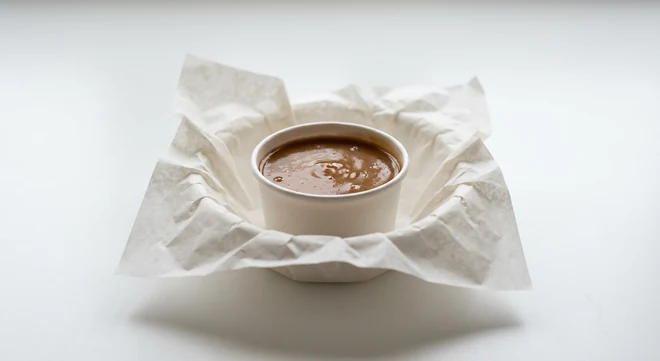 Slim Chickens Gravy, rich brown chicken gravy in a white pot on white paper, nutrition and calories