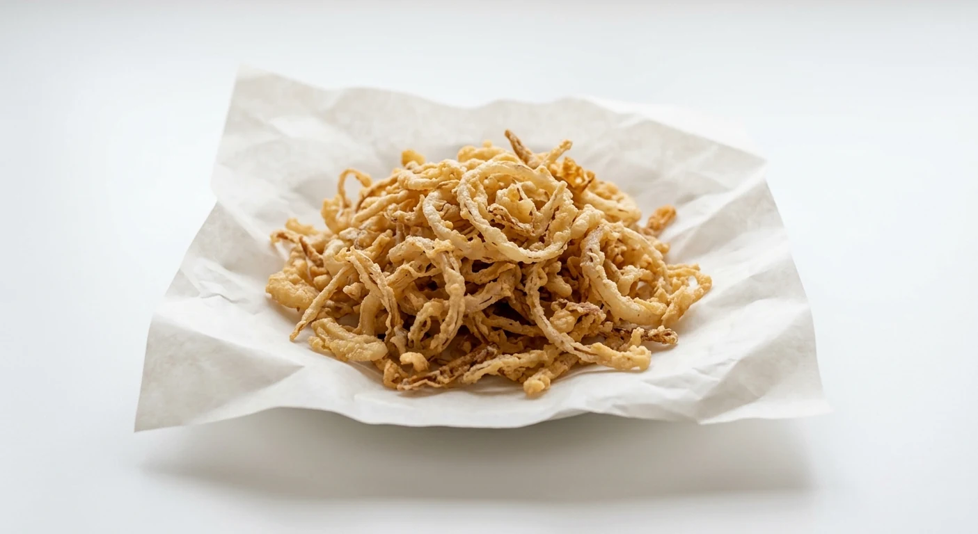 Slim Chickens Crispy Fried Onions, a pile of golden battered crispy onion strings on white paper, nutrition and calories