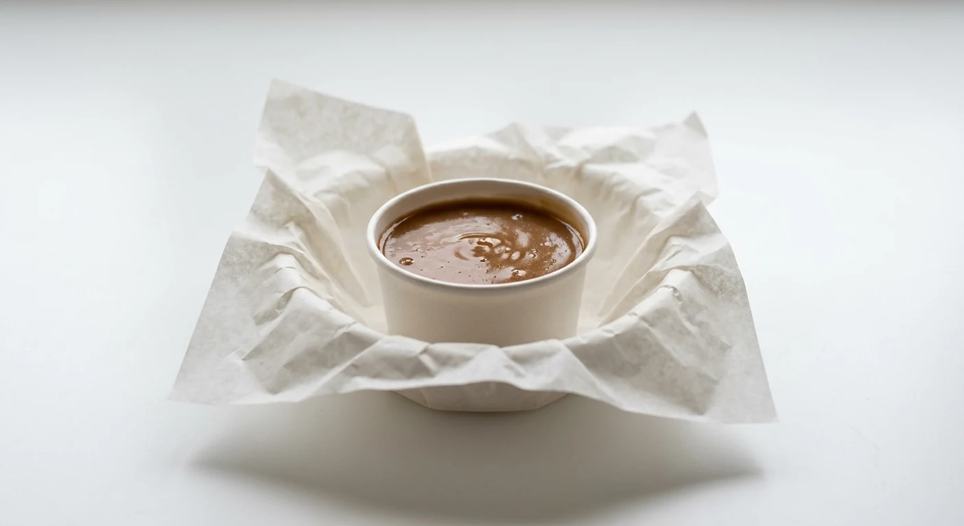Slim Chickens Gravy, rich brown chicken gravy in a white pot on white paper, nutrition and calories