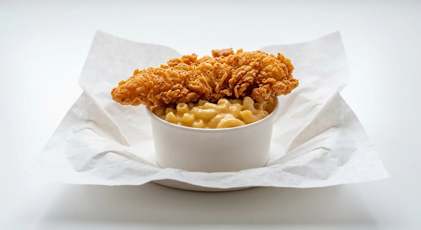 Slim Chickens Tender Mac & Cheese, creamy macaroni cheese topped with a hand-breaded chicken tender in a white pot on white paper, nutrition and calories