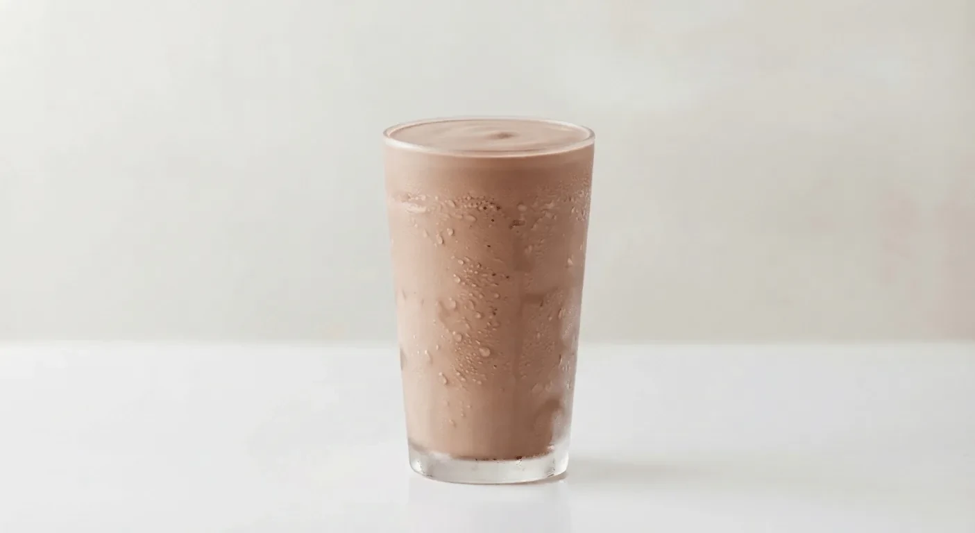 Slim Chickens Chocolate Shake, chocolate milkshake in a tall clear glass, nutrition and calories