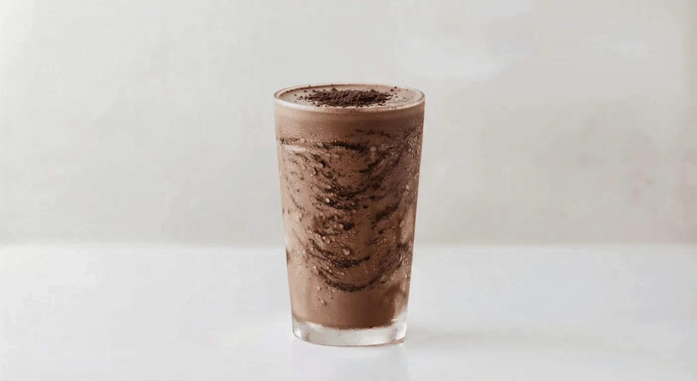 Slim Chickens Oreo Shake, cookies and cream milkshake with chocolate cookie pieces in a tall clear glass, nutrition and calories