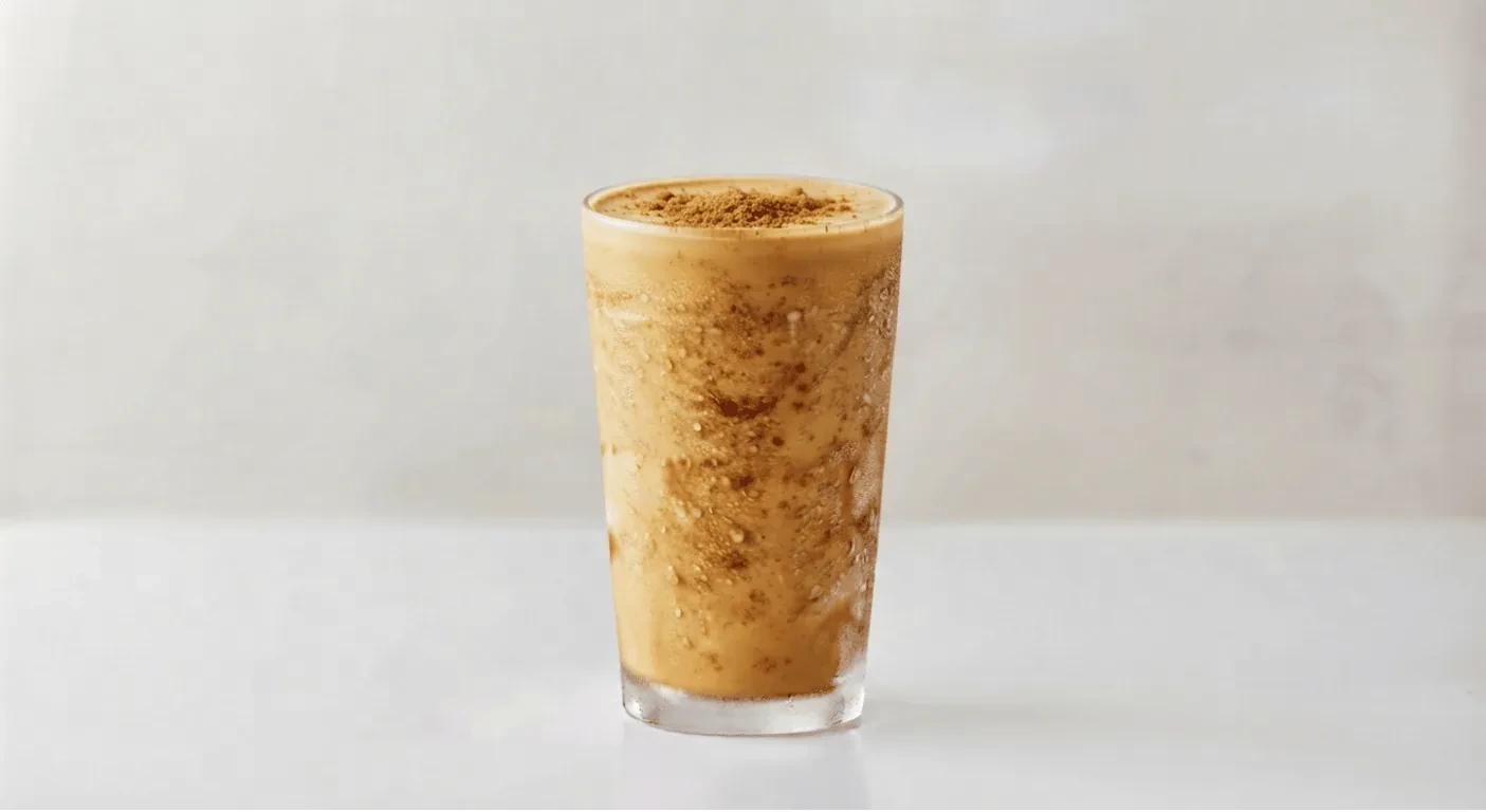 Slim Chickens Biscoff Shake, Biscoff milkshake with caramelised biscuit crumb in a tall clear glass, nutrition and calories