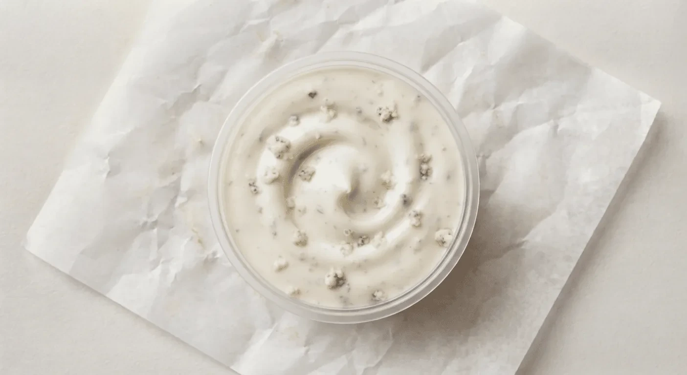 Slim Chickens Blue Cheese Dip, creamy blue cheese dip in a clear pot, nutrition and calories