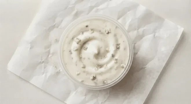 Slim Chickens Blue Cheese Dip, creamy blue cheese dip in a clear pot, nutrition and calories
