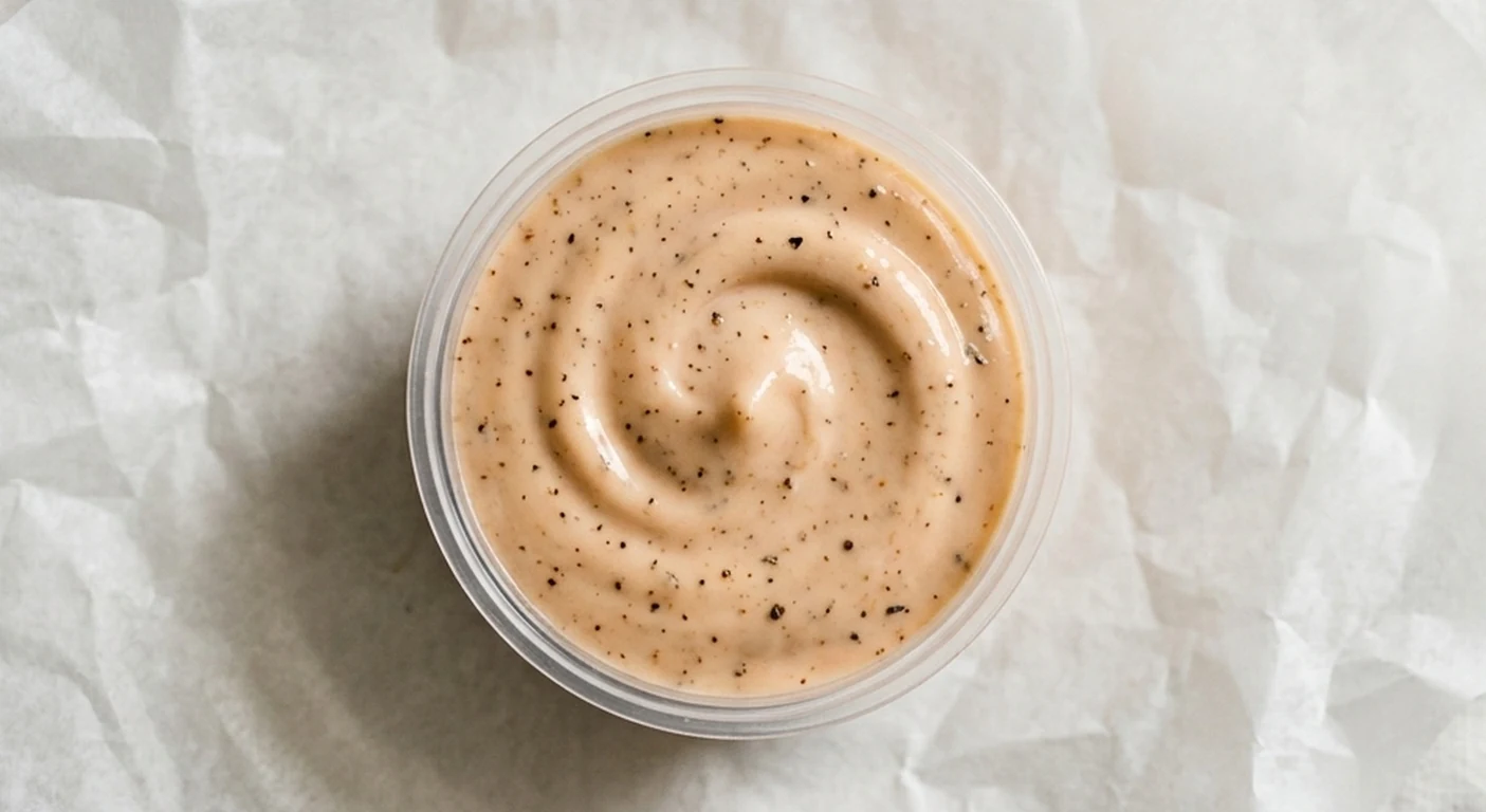 Slim Chickens Slims Sauce, creamy peppered orange-pink dipping sauce in a clear pot, nutrition and calories