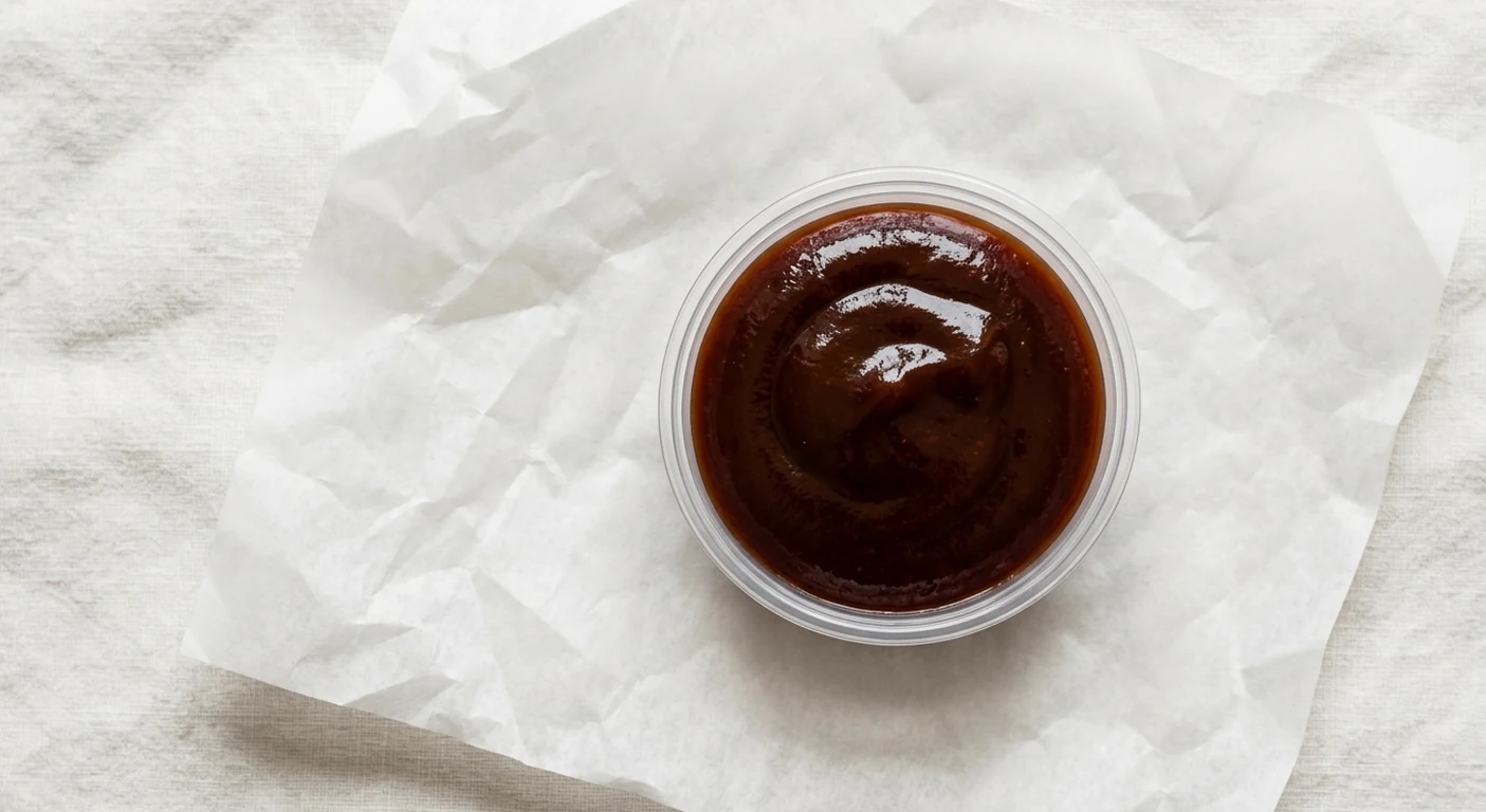 Slim Chickens Korean BBQ Sauce, glossy dark Korean barbecue sauce in a clear pot, nutrition and calories