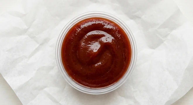 Slim Chickens Honey BBQ Sauce, glossy honey barbecue sauce in a clear pot, nutrition and calories